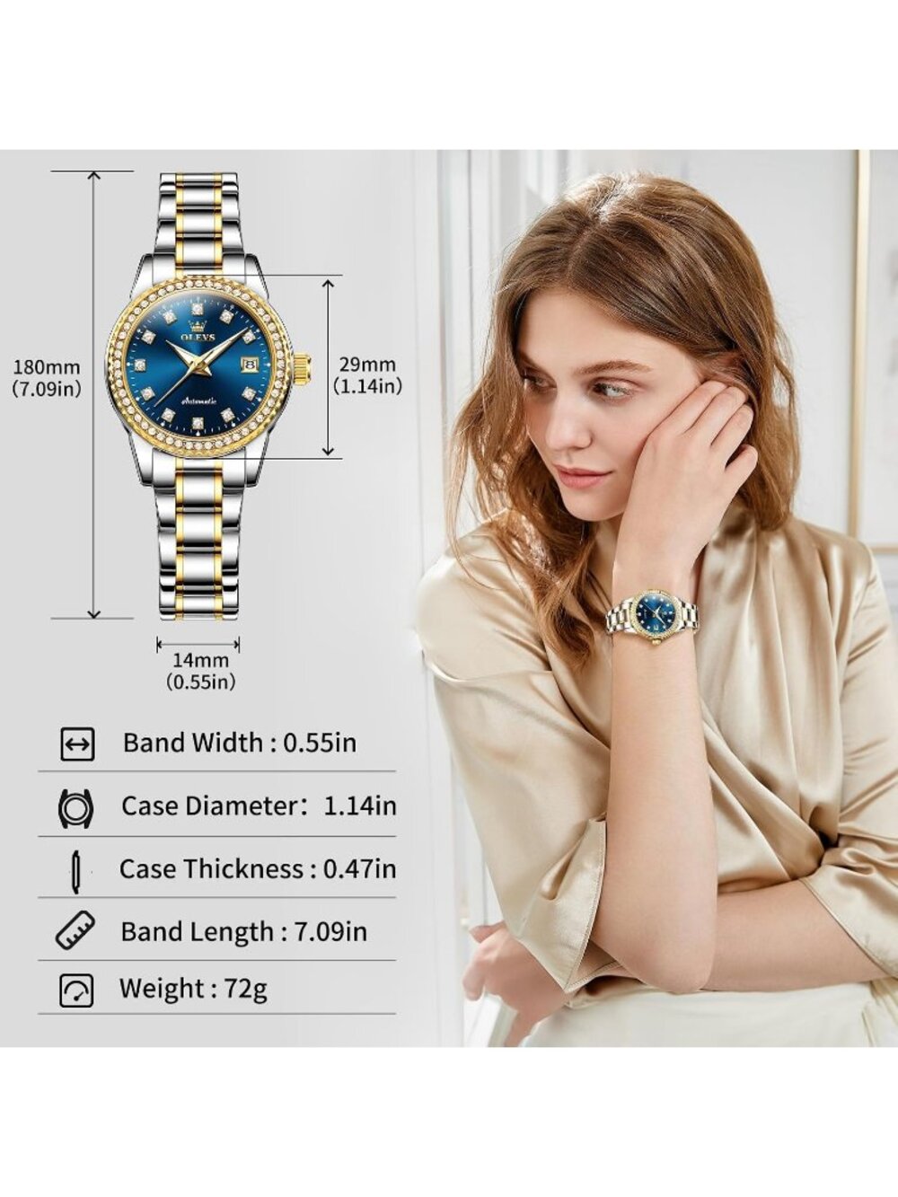 Women's Gold Blue Waterproof Long Band for Medium Wrist Stainless Steel Watch - Picture 2 of 6